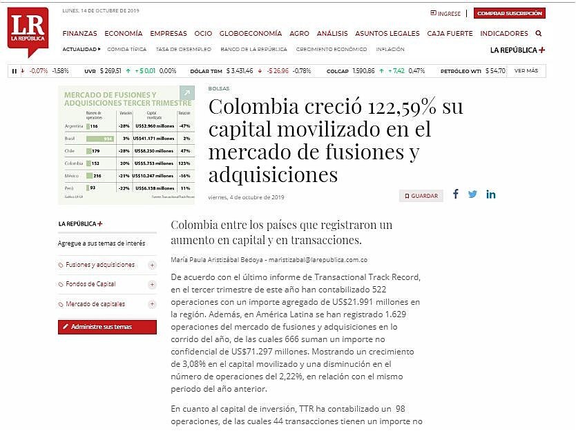 Colombia creci 122,59% su capital movilizado en el mercado de fusiones y adquisiciones